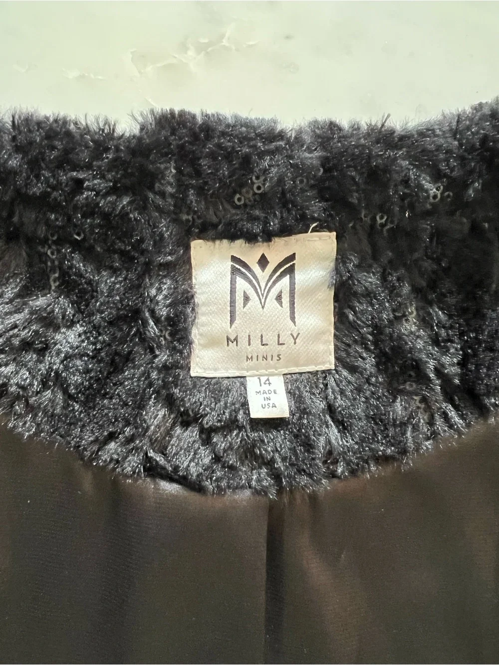 Milly Minis Black Faux Fur With Sequins Open-Front Teddy Jacket
